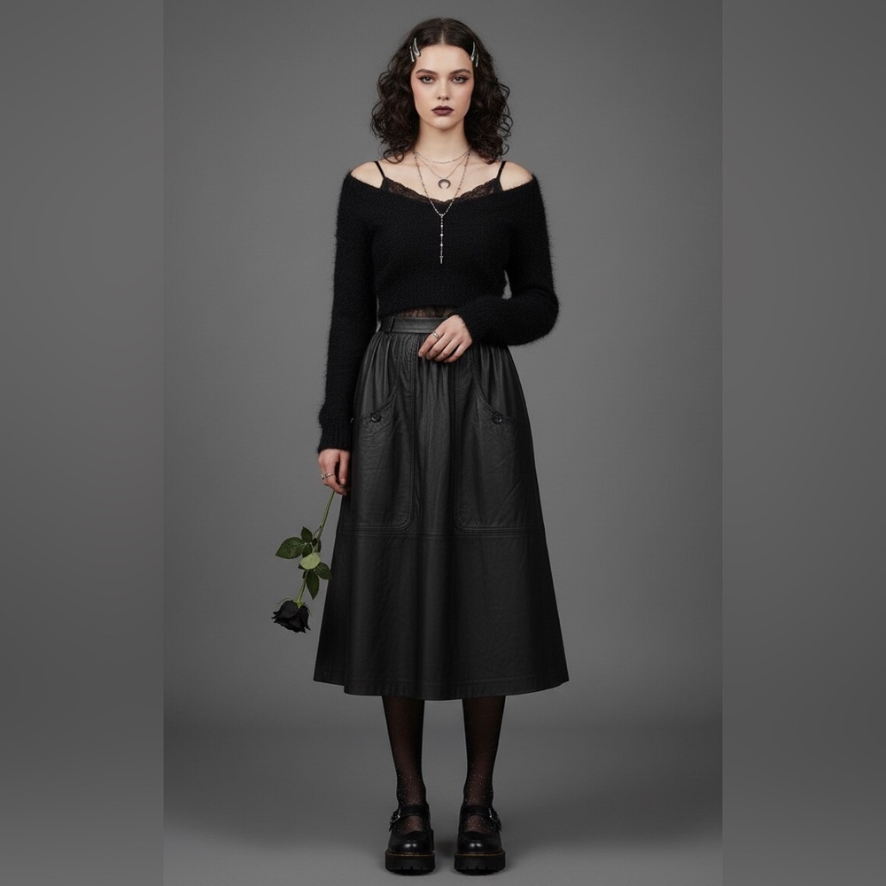 Chic leather Black Midi Skirt - Picture 1 of 12